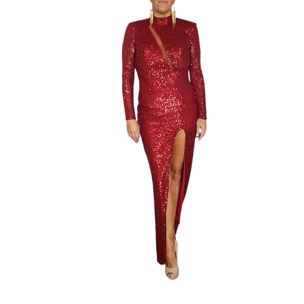 Women's Long Sleeve Formal Burgundy Evening Dress Sequin Gown Size L